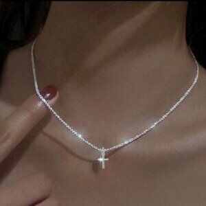 1pc Korean Style Bright Rhinestone Cross Pendant Necklace For Women